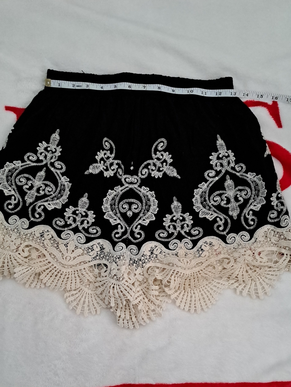 Womens Black Shorts with Cream Lace Embroidery